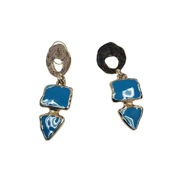 Vintage 60s-70s Blue Enameled Arrow Shape Dangle Drop Earrings Gold Tone - Picture 1 of 1
